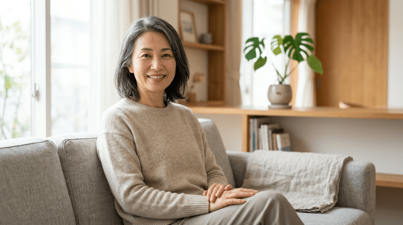 明るいリビングで微笑む50代の日本人女性のイメージ（お客様の声用・モデル写真・AI生成）